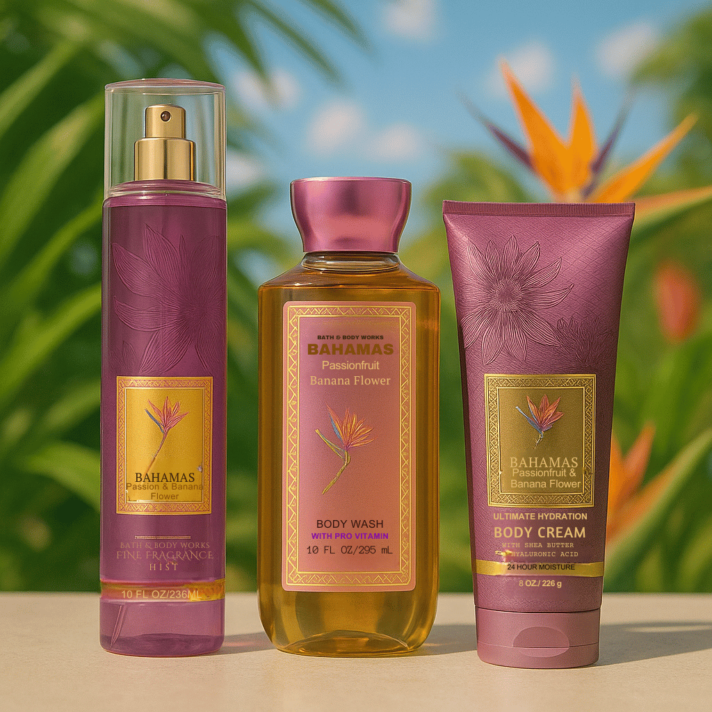 Kit bahamas Passion Fruit & Banana Flower (Body splash, gel de banho e Creme corporal)